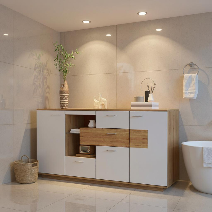FurnitureR Meuble Sous Escalier, Armoire de Rangement, avec Eclairage LED et Etagères en Verre Réglables, 160 cm