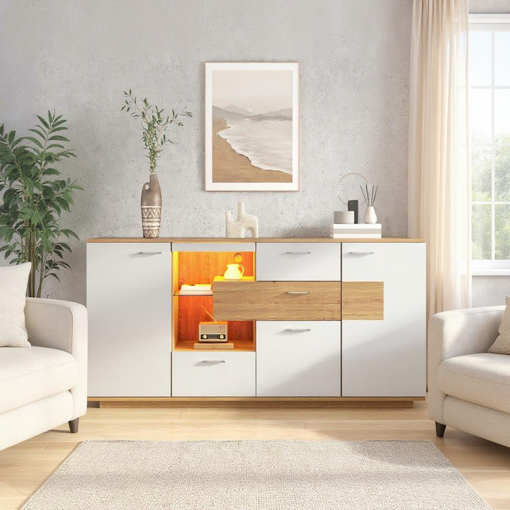 FurnitureR Meuble Sous Escalier, Armoire de Rangement, avec Eclairage LED et Etagères en Verre Réglables, 160 cm