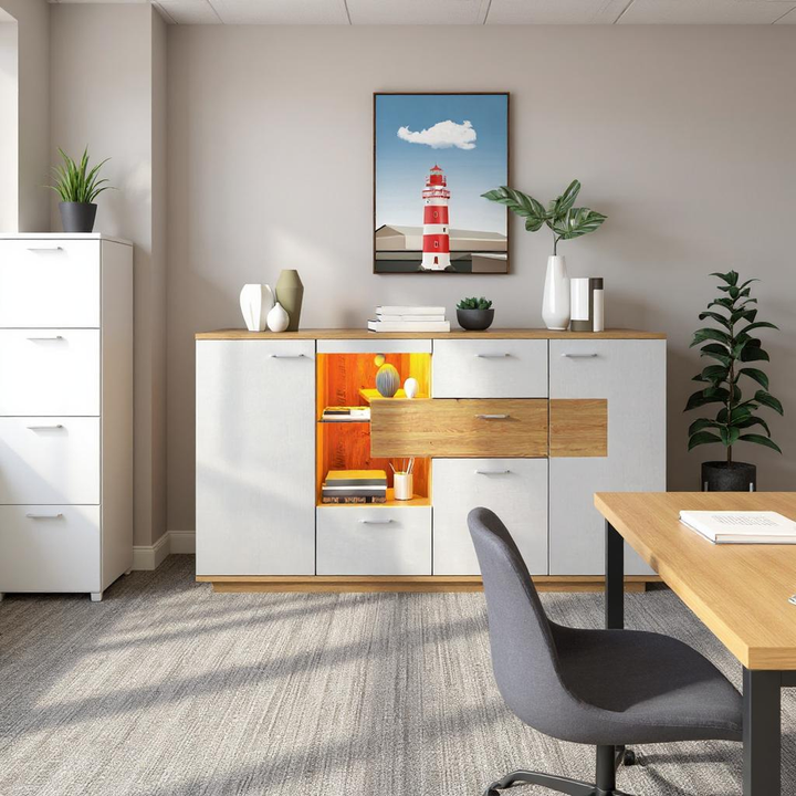 FurnitureR Meuble Sous Escalier, Armoire de Rangement, avec Eclairage LED et Etagères en Verre Réglables, 160 cm