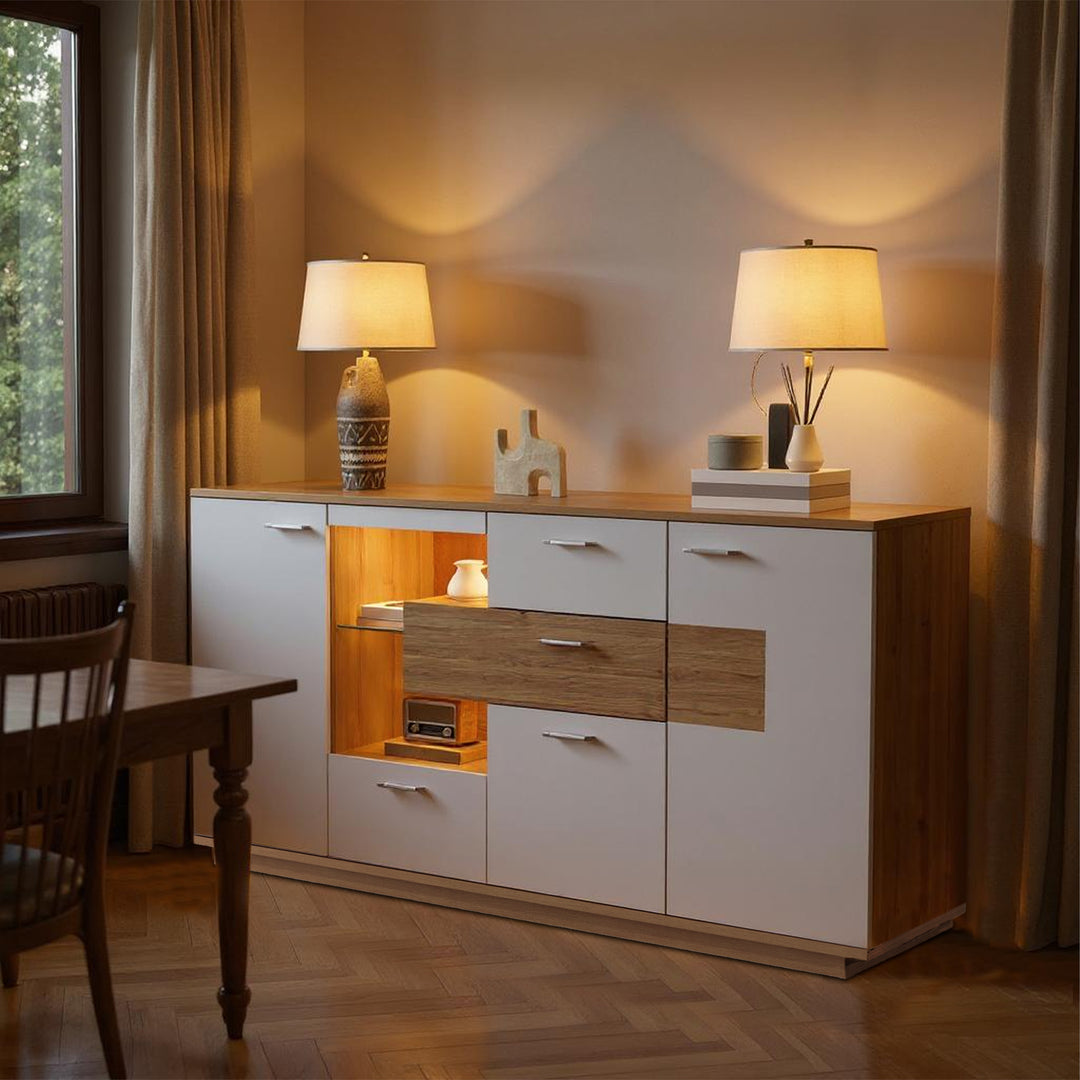 FurnitureR Meuble Sous Escalier, Armoire de Rangement, avec Eclairage LED et Etagères en Verre Réglables, 160 cm