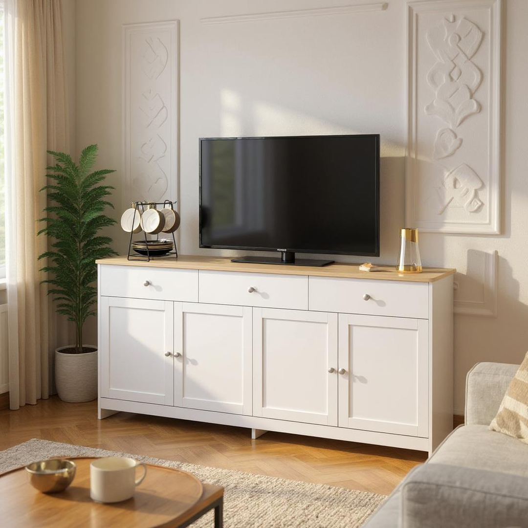 FurnitureR Armoire de Rangement en Bois Blanc Veiné avec 3 Tiroirs et 4 Portes, pour un Rangement Sous les Escaliers-160 cm