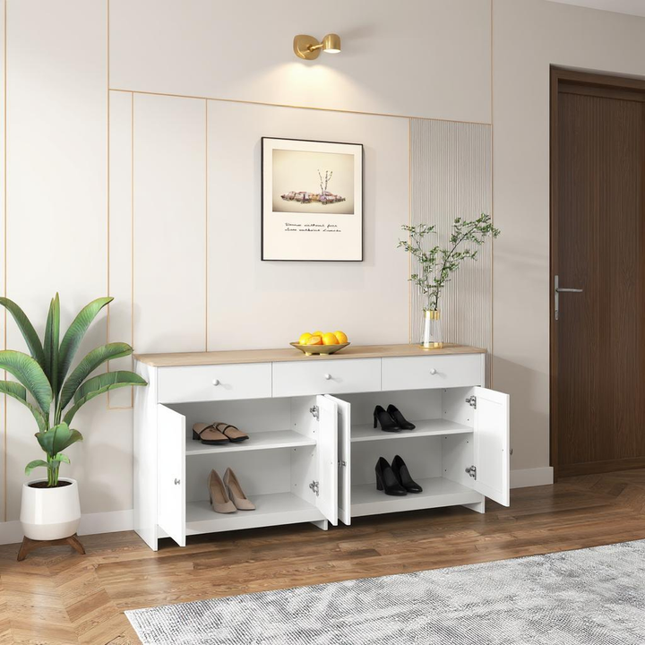 FurnitureR Armoire de Rangement en Bois Blanc Veiné avec 3 Tiroirs et 4 Portes, pour un Rangement Sous les Escaliers-160 cm