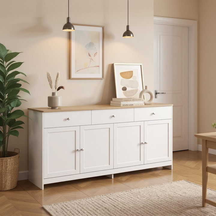 FurnitureR Armoire de Rangement en Bois Blanc Veiné avec 3 Tiroirs et 4 Portes, pour un Rangement Sous les Escaliers-160 cm