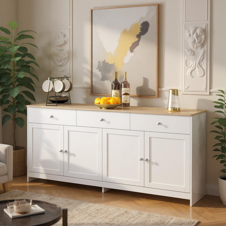 FurnitureR Armoire de Rangement en Bois Blanc Veiné avec 3 Tiroirs et 4 Portes, pour un Rangement Sous les Escaliers-160 cm