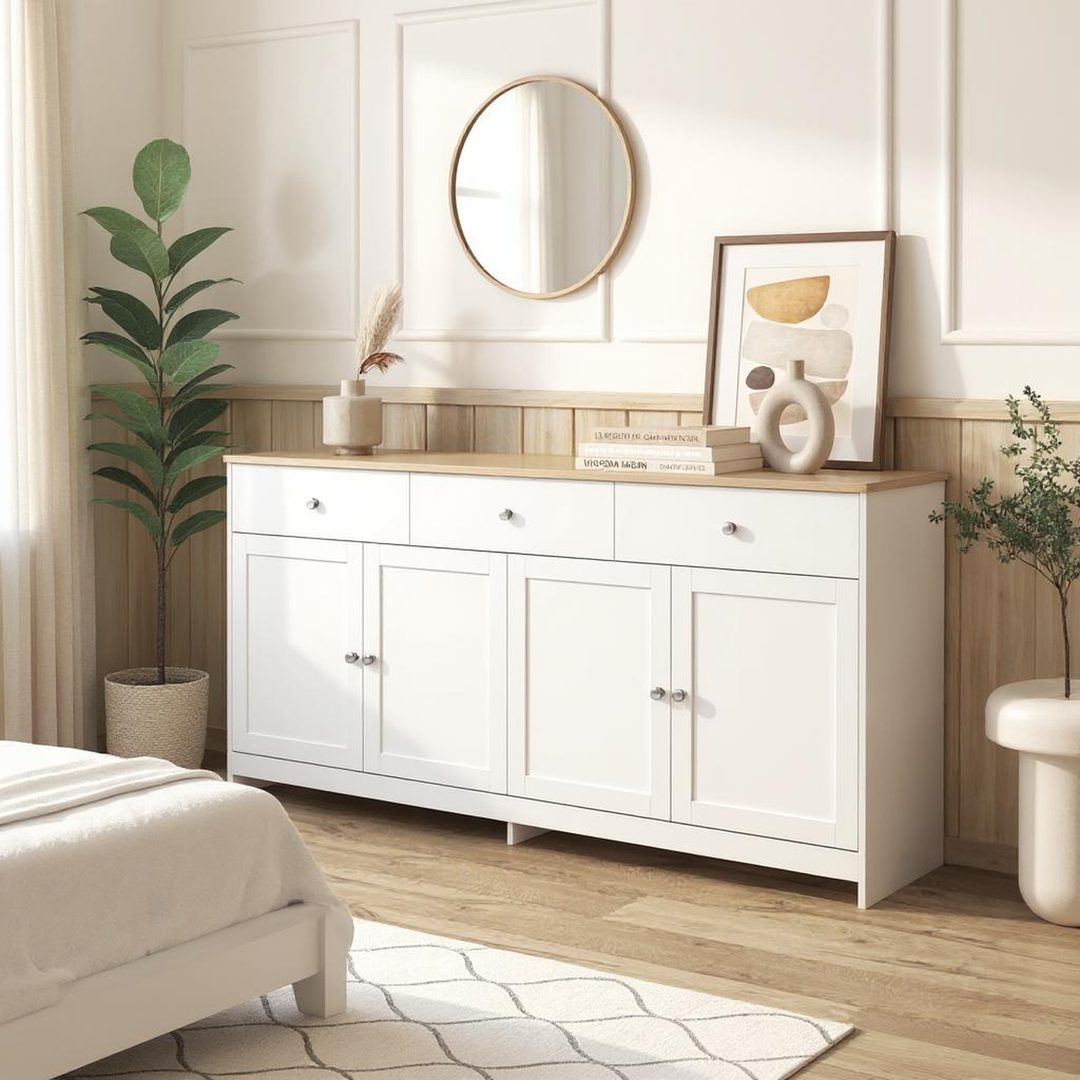 FurnitureR Armoire de Rangement en Bois Blanc Veiné avec 3 Tiroirs et 4 Portes, pour un Rangement Sous les Escaliers-160 cm