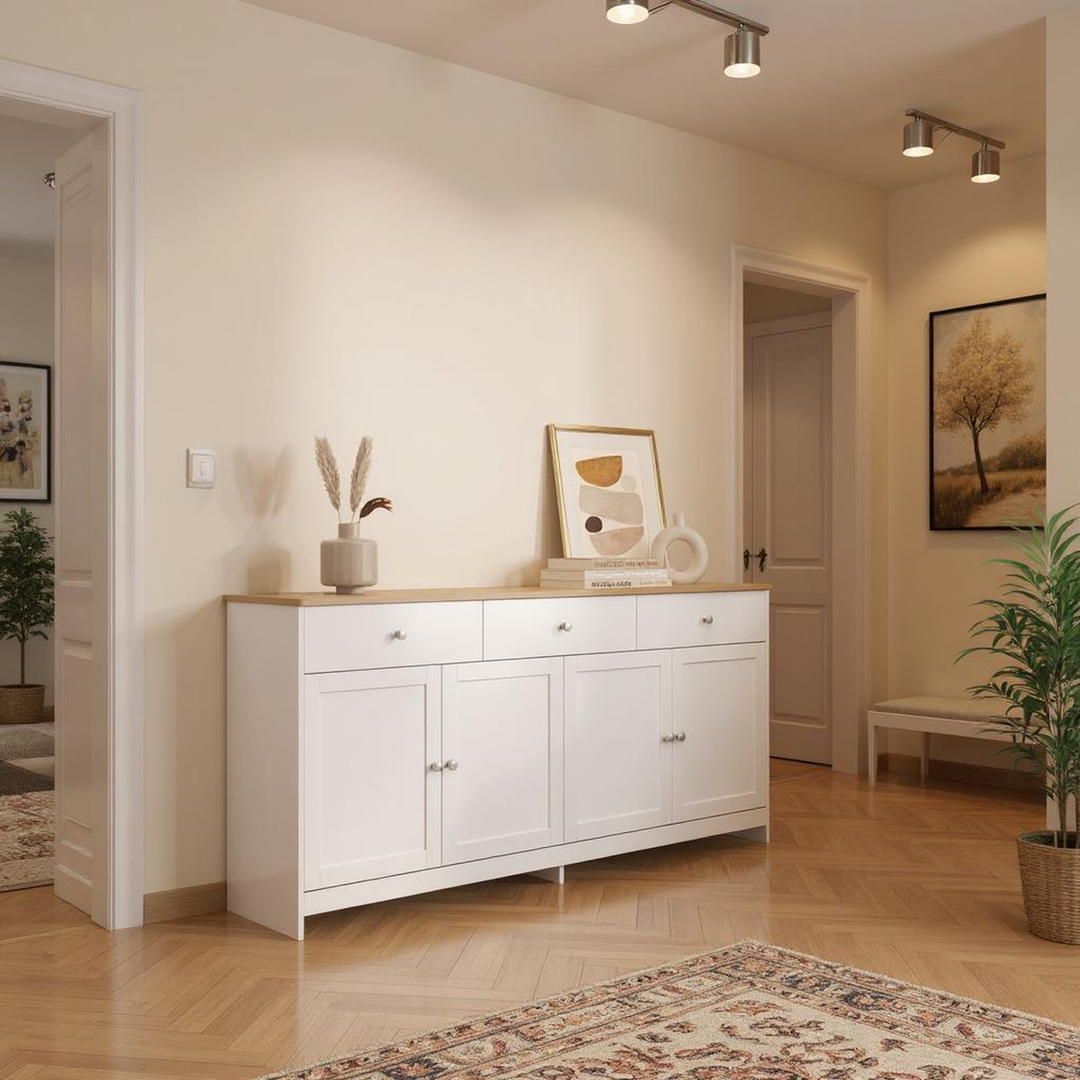 FurnitureR Armoire de Rangement en Bois Blanc Veiné avec 3 Tiroirs et 4 Portes, pour un Rangement Sous les Escaliers-160 cm