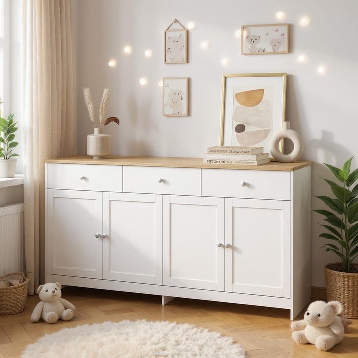 FurnitureR Armoire de Rangement en Bois Blanc Veiné avec 3 Tiroirs et 4 Portes, pour un Rangement Sous les Escaliers-160 cm