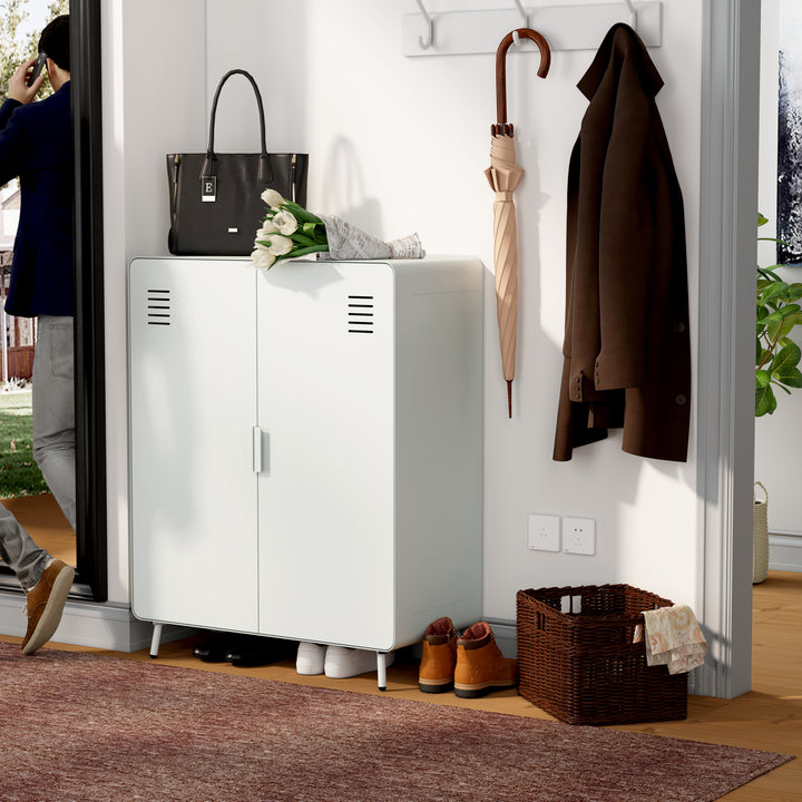 Armoire de rangement en métal FurnitureR avec 2 portes et étagères, armoire autoportante en acier de 80 cm de large, idéale pour l'entrée ou le salon, gris clair