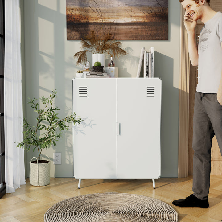 Armoire de rangement en métal FurnitureR avec 2 portes et étagères, armoire autoportante en acier de 80 cm de large, idéale pour l'entrée ou le salon, gris clair