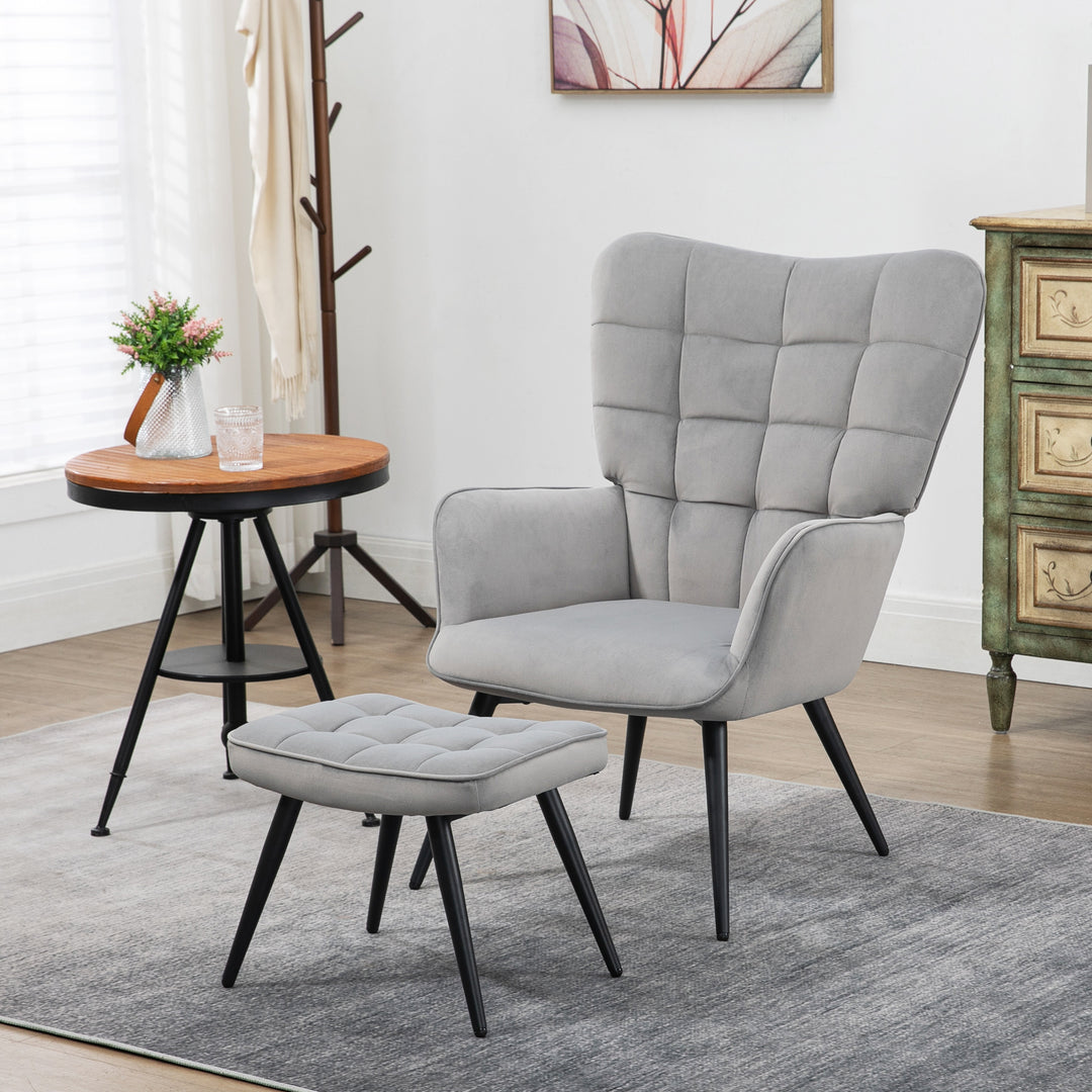 FurnitureR Chaise Longue Gris Clair avec Pouf, Design Moderne, Matériau Acier, Meubles de Salon Confortables, Style Scandinave, Inclut Repose-Pieds