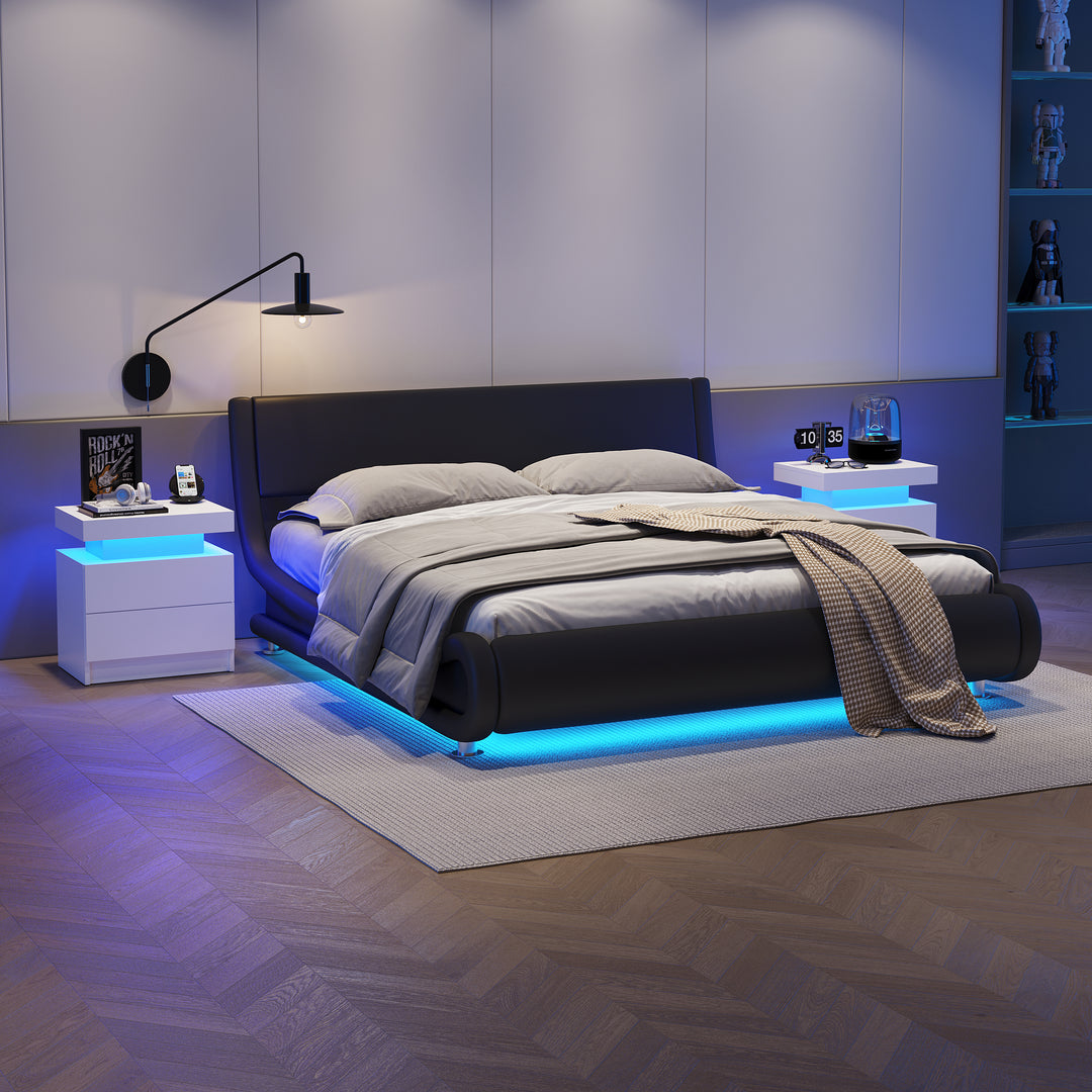 FurnitureR Table de chevet blanche LED, design moderne, en bois manufacturé, rangement élégant, éclairage d'ambiance intégrée, idéale pour chambres modernes