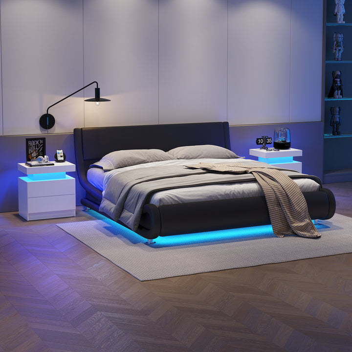 FurnitureR Table de chevet blanche LED, design moderne, en bois manufacturé, rangement élégant, éclairage d'ambiance intégrée, idéale pour chambres modernes