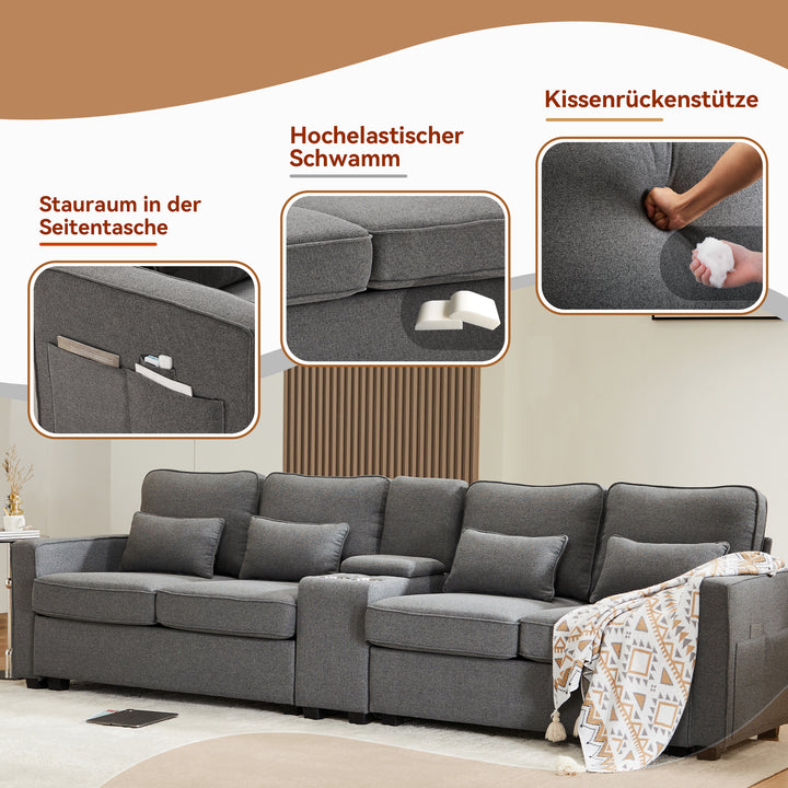 FurnitureR Canapé Sectionnel en Lin Sombre, Design Moderne et Confortable, avec Espace de Rangement et Support de Gobelet, pour Salon et Petits Appartements, Options de Divertissement