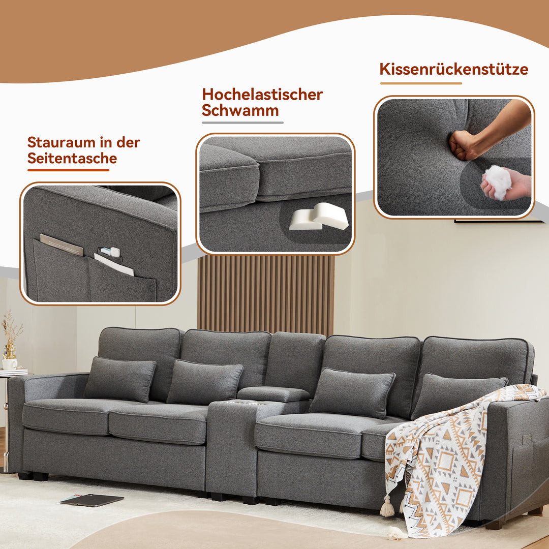FurnitureR Canapé Sectionnel en Lin Sombre, Design Moderne et Confortable, avec Espace de Rangement et Support de Gobelet, pour Salon et Petits Appartements, Options de Divertissement