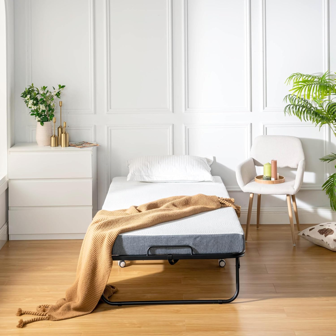 FurnitureR Klappbett mit 12,7 cm dicker Memory-Schaum-Matratze – 190 x 76 cm schmales Einzelbettgestell mit Rollen, zusammenklappbar, robuste Metallkonstruktion