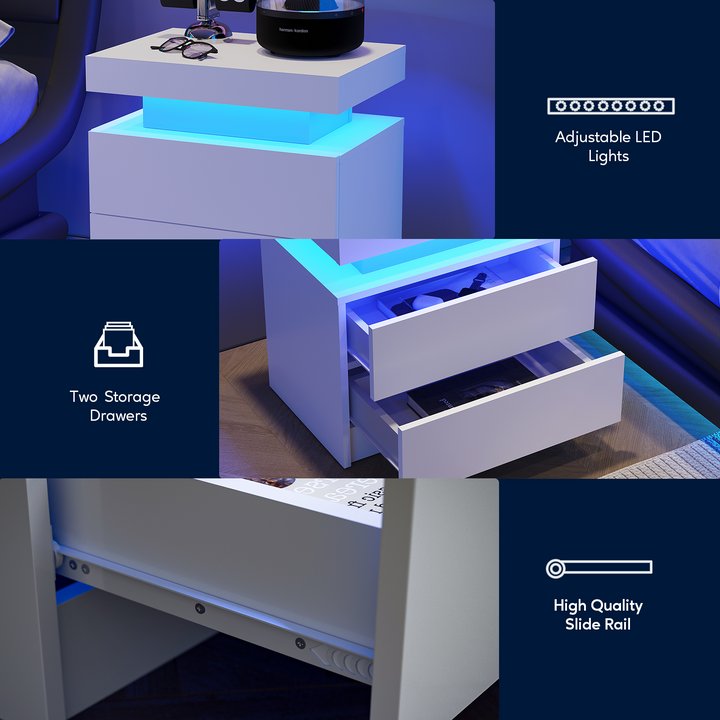 FurnitureR Table de chevet blanche LED, design moderne, en bois manufacturé, rangement élégant, éclairage d'ambiance intégrée, idéale pour chambres modernes