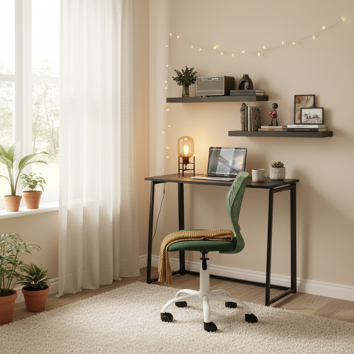 Ensemble bureau pliant 3 pièces FurnitureR avec chaise pivotante réglable et 2 étagères murales flottantes, combinaison bureau/espace de travail gain de place, design moderne