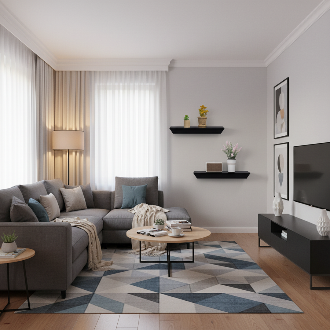 FurnitureR 2 Pack Floating Shelves FurnitureR, Black MDF Wood Wall Shelves for Home Decor & Storage, Ideal for Bedroom, Living Room, Bathroom, Kitchen