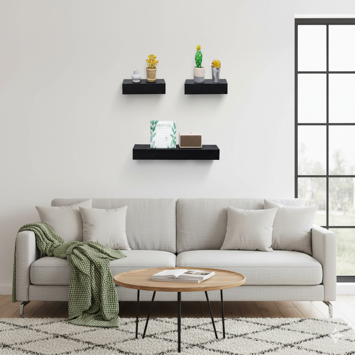 FurnitureR 3 Pack Floating Shelves, Black MDF Wood Wall Shelves for Home Decor & Storage, Ideal for Bedroom, Living Room, Bathroom, Kitchen, Office