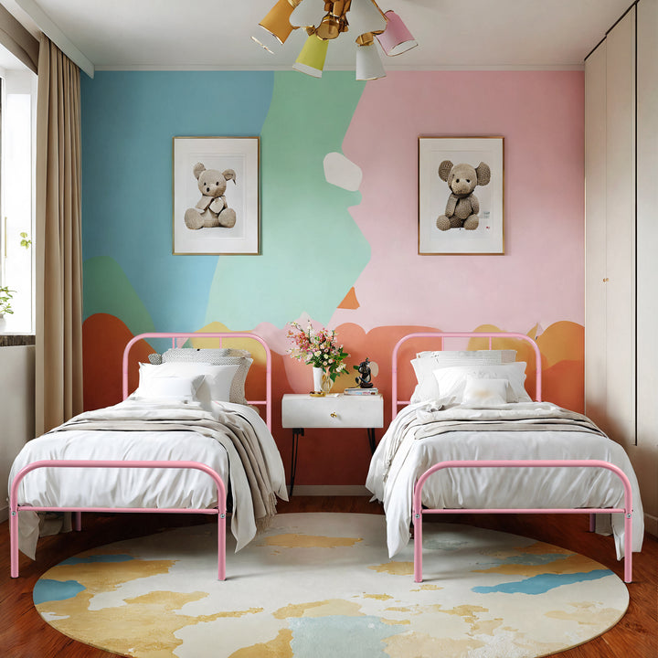 Furniture R Cadre de Lit Simple en Métal, avec Tête et Pied de lit, Base en Fer Solide pour Enfants ou Adolescents, Maison, Dortoir D'étudiants, Chambre d'enfants, Rose