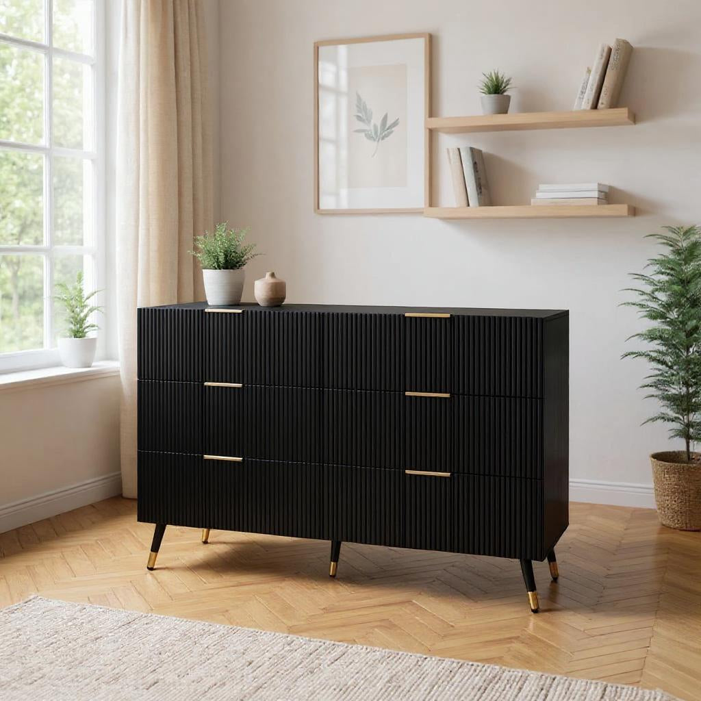 Meuble Sous Escalier, Pieds et Poignées Dorés, 6 Grands Tiroirs, Armoire de Rangement, 120 cm