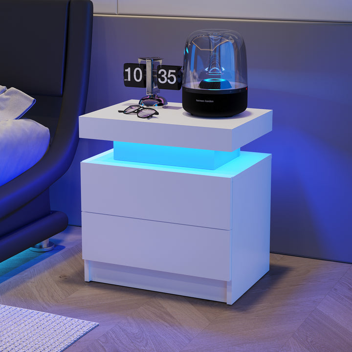 FurnitureR Table de chevet blanche LED, design moderne, en bois manufacturé, rangement élégant, éclairage d'ambiance intégrée, idéale pour chambres modernes