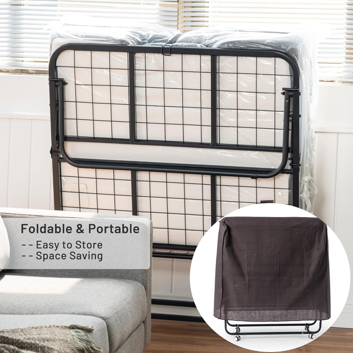 FurnitureR Klappbett mit 12,7 cm dicker Memory-Schaum-Matratze – 190 x 76 cm schmales Einzelbettgestell mit Rollen, zusammenklappbar, robuste Metallkonstruktion