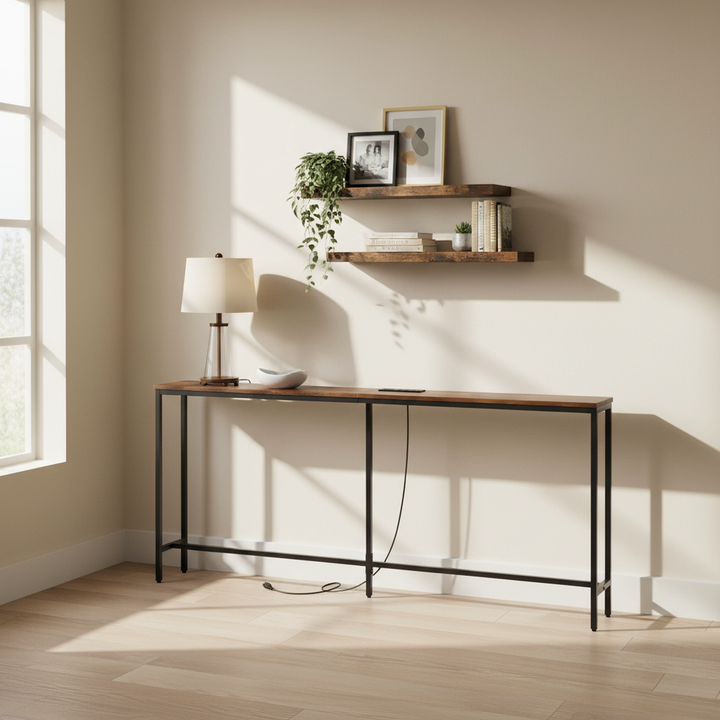 Console d'entrée FurnitureR 71 po avec 2 étagères murales flottantes, ensemble de table étroite de style industriel avec prise de courant pour salon, entrée