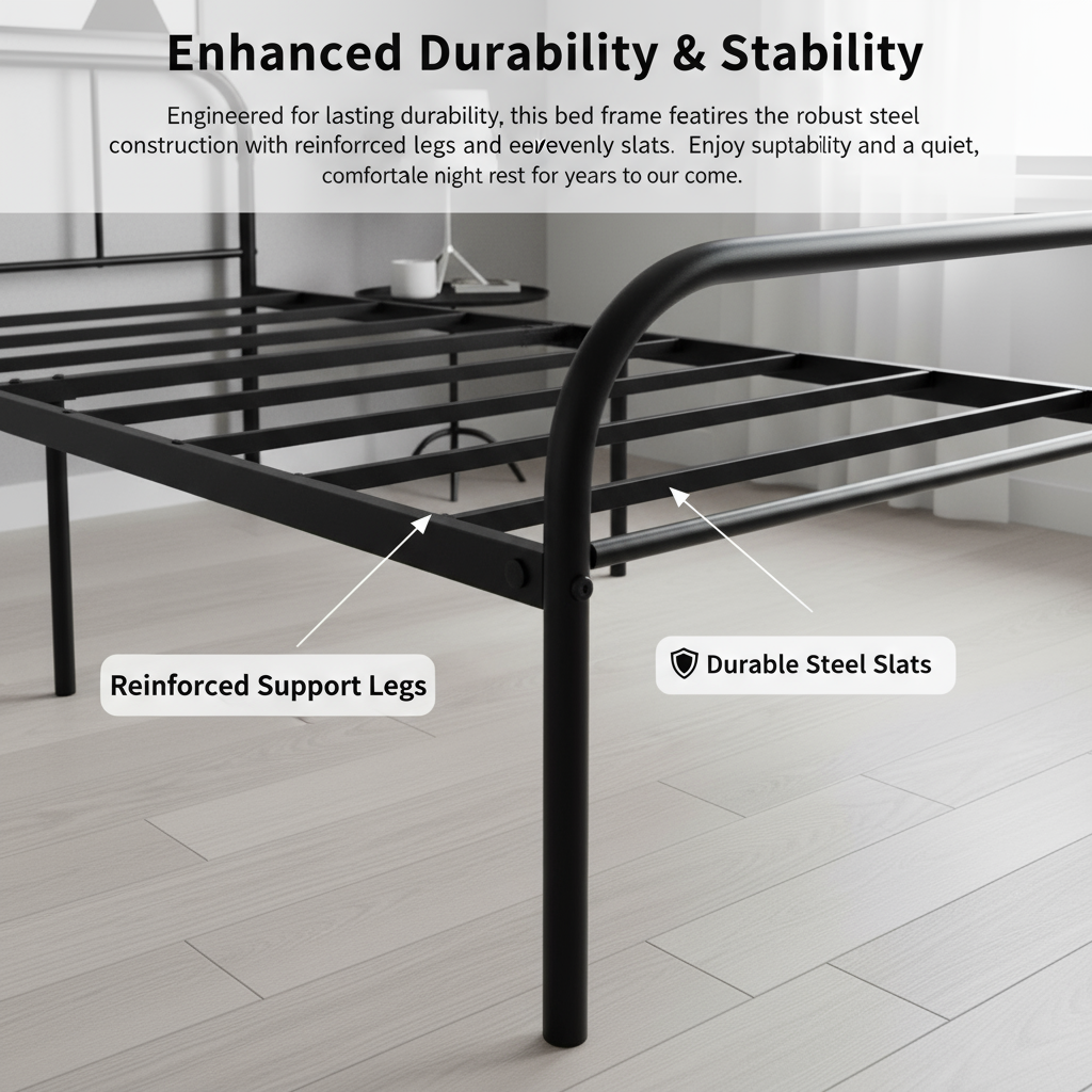 FurnitureR Metallbettgestell, Einzelbettgröße, mit Kopf- und Fußteil, geräuschloses Design, Stauraum unter dem Bett, kein Lattenrost erforderlich, Schwarz