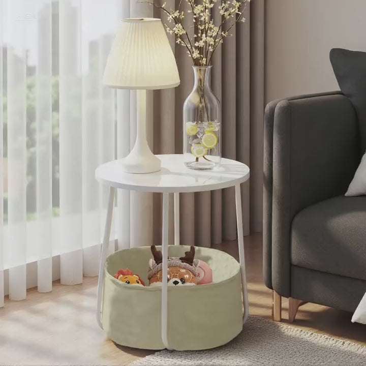 FurnitureR Table de Bout de Canapé Ronde avec Panier en Tissu, Rangement pour Salon, Chambre à Coucher, Table de Chevet, Style Moderne avec MDF Blanc, Cadre en Métal, 45 x 45 x 50.5cm